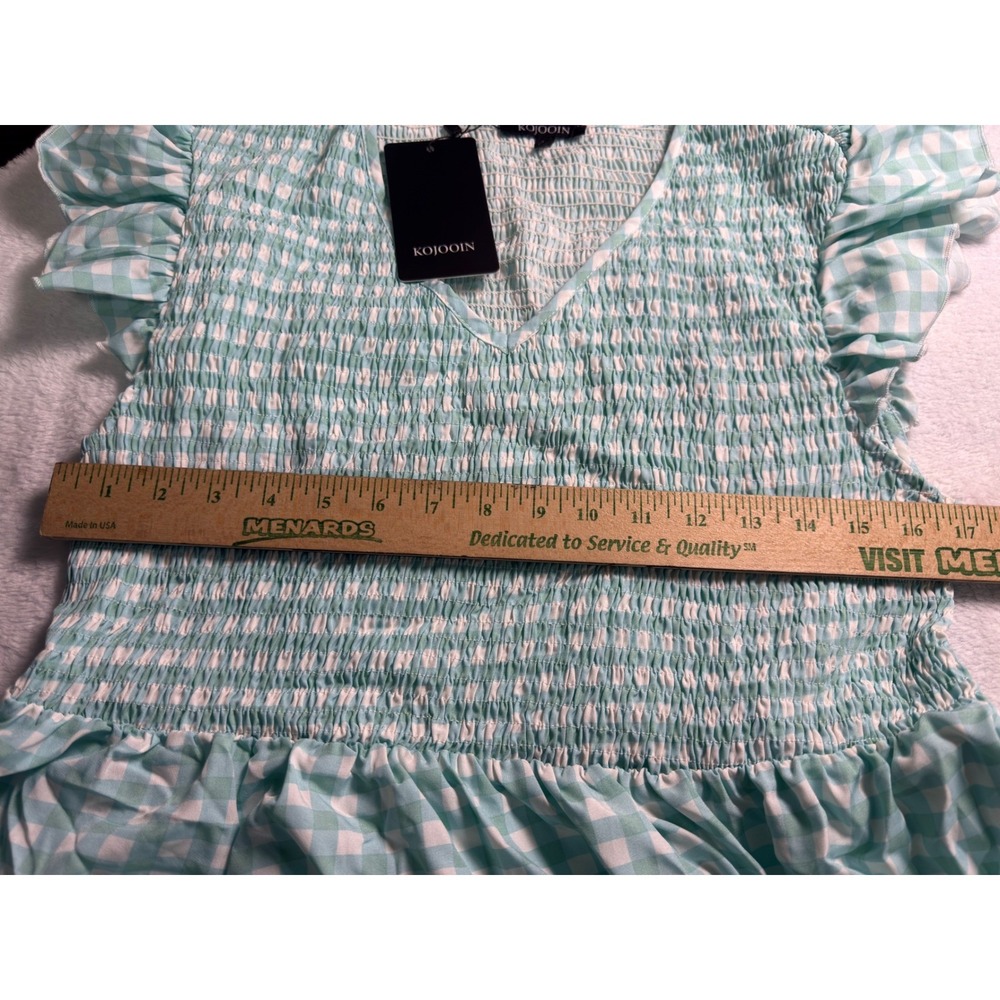 KOJOOIN Gingham Smocked Maxi Dress Ruffle Sleeve Tiered Mint Green XL - Picture 4 of 8